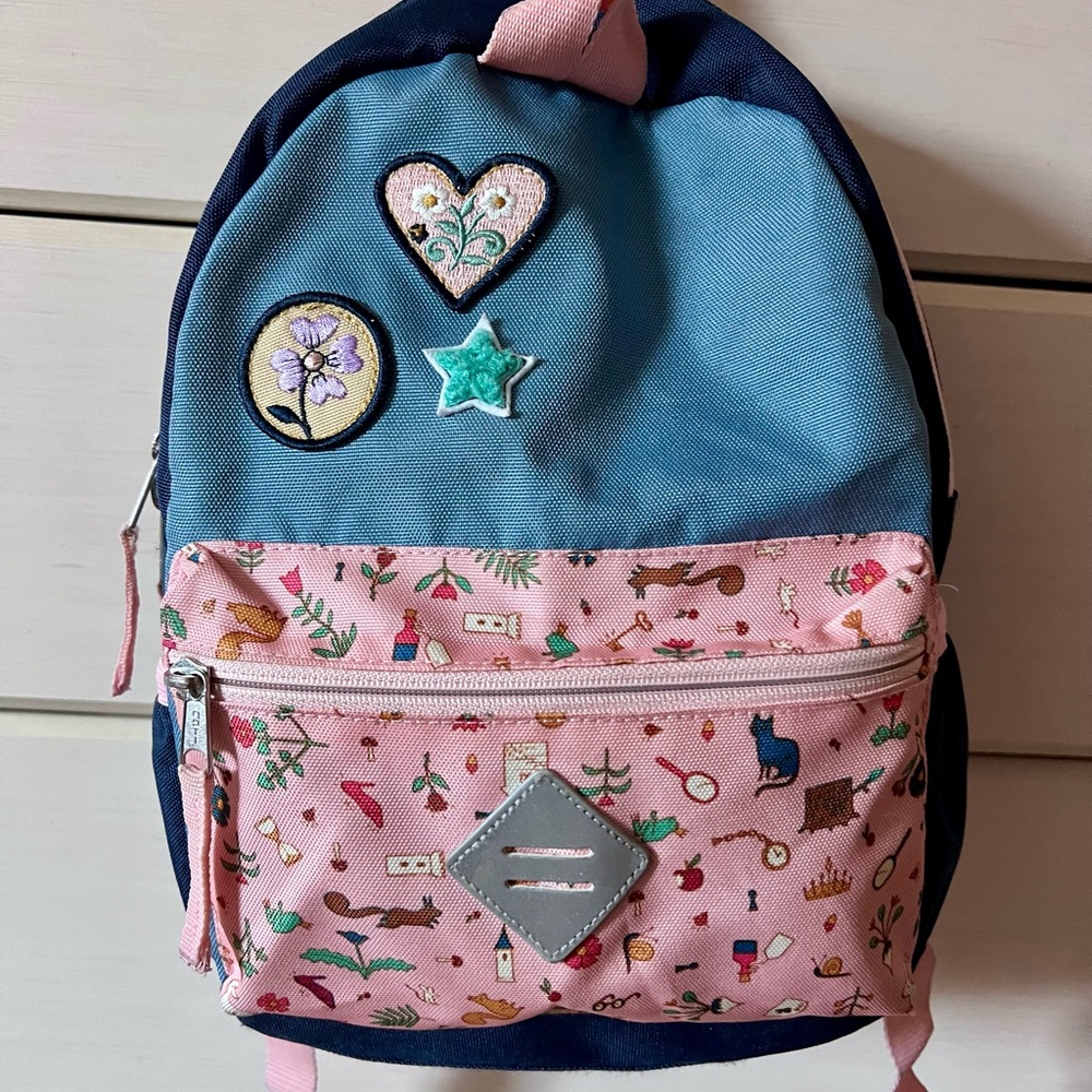 Hanna Andersson Girls Kids Small Backpack with Fun Patches - Blue and Pink